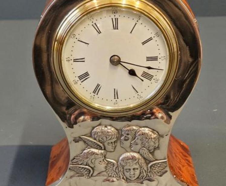 Edwardian Silver and Burr Yew Mantel Clock - Image 7