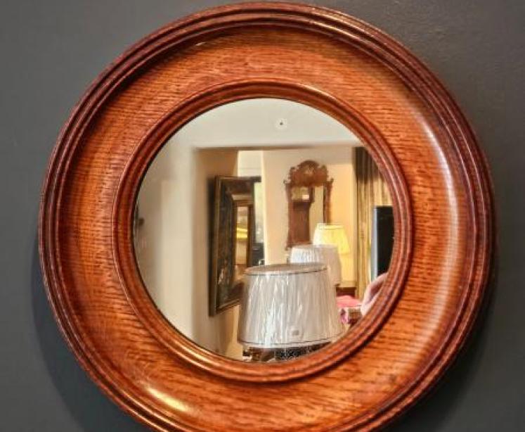 Victorian Golden Oak Framed Circular Mirror - Image 2