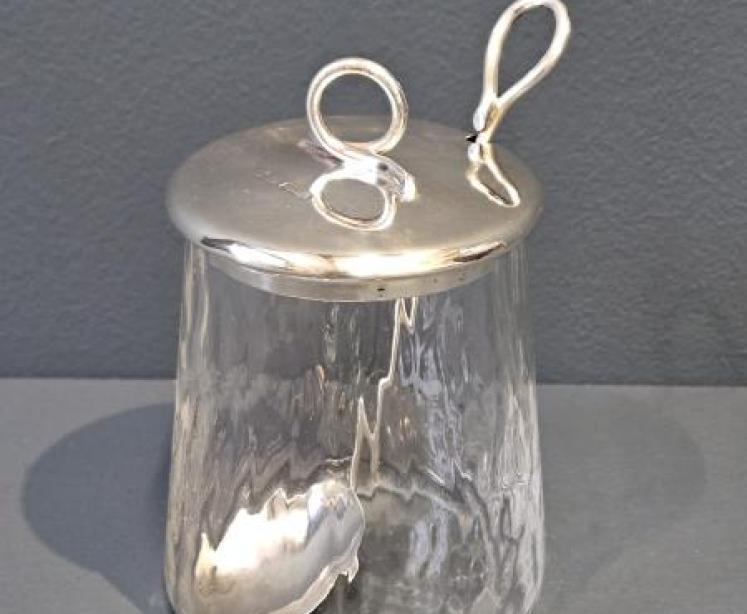 Edwardian Silver Top Jam Pot and Spoon - Image 1