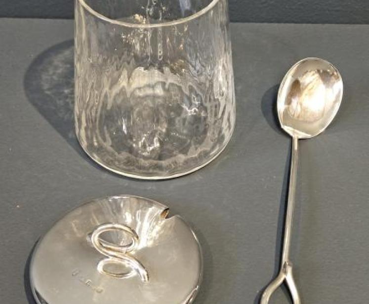 Edwardian Silver Top Jam Pot and Spoon - Image 2