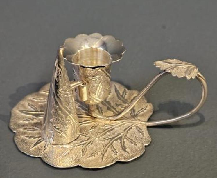 Silver Leaf Design Taper Candle Stick and Snuffer - Image 1