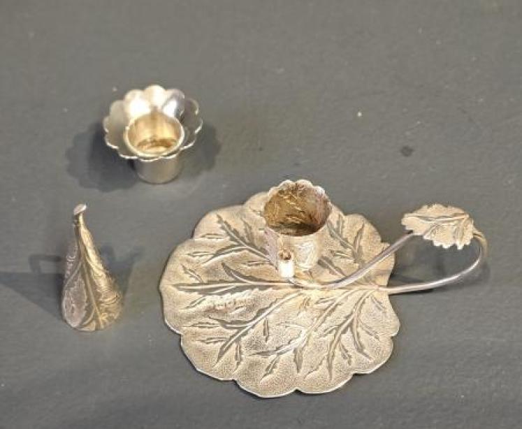 Silver Leaf Design Taper Candle Stick and Snuffer - Image 3