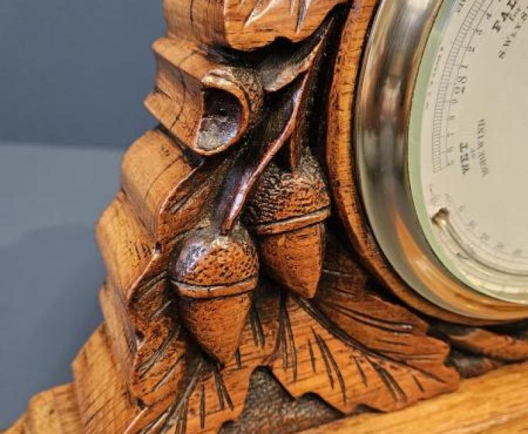 Victorian Carved Oak Table Top Barometer with Crescent Thermometer - Image 2