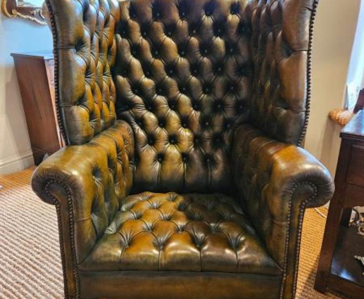 Superb Dark Olive Leather Wing Back Arm Chair  - Image 2