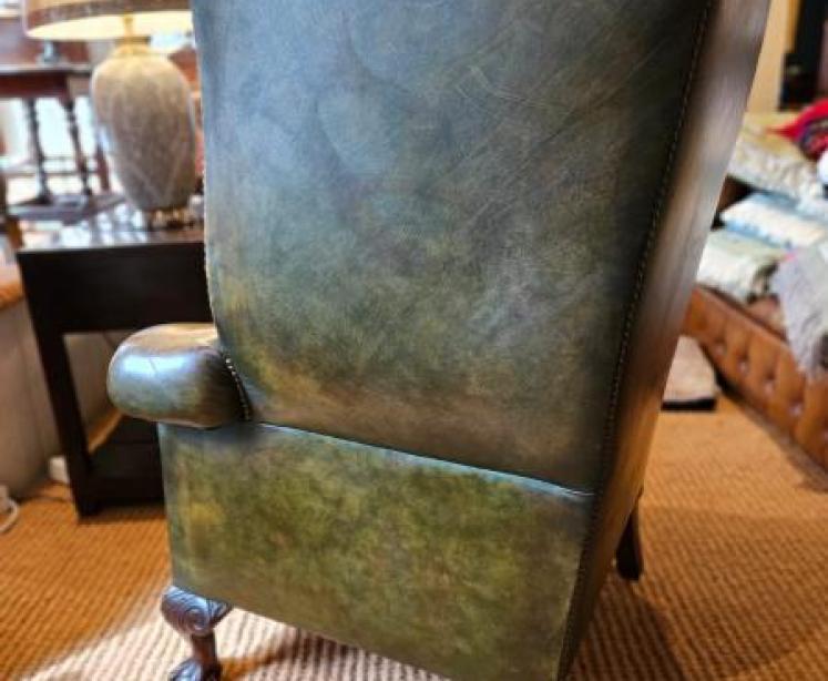 Superb Dark Olive Leather Wing Back Arm Chair  - Image 6