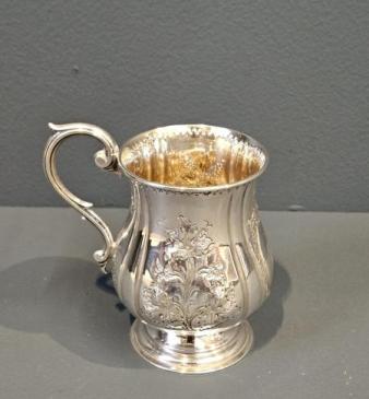 Mid Victorian Embossed & Engraved Silver Mug
