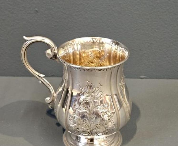 Mid Victorian Embossed & Engraved Silver Mug - Image 1