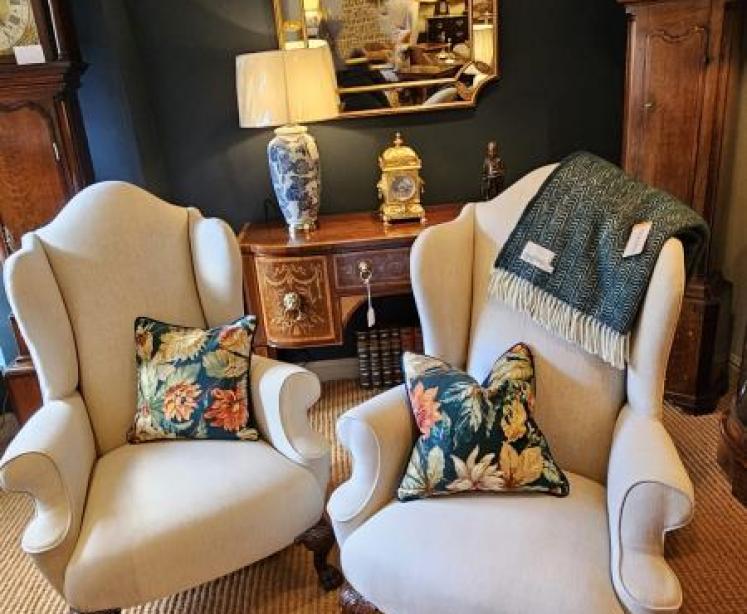 Pair of Victorian Linen Covered Wing Arm Chairs  - Image 1