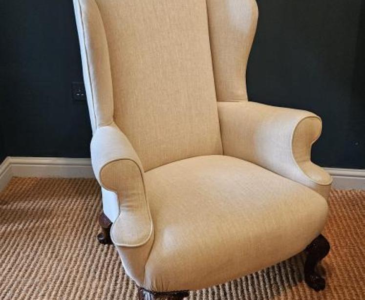 Victorian Linen Covered Wing Arm Chair - Image 1