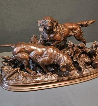 Superb Signed Bronze of Retrievers by French Sculptor Delabrierre