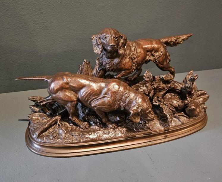 Superb Signed Bronze of Retrievers by French Sculptor Delabrierre - Image 1