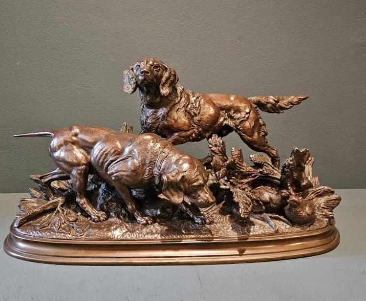 Superb Signed Bronze of Retrievers by French Sculptor Delabrierre - Image 2