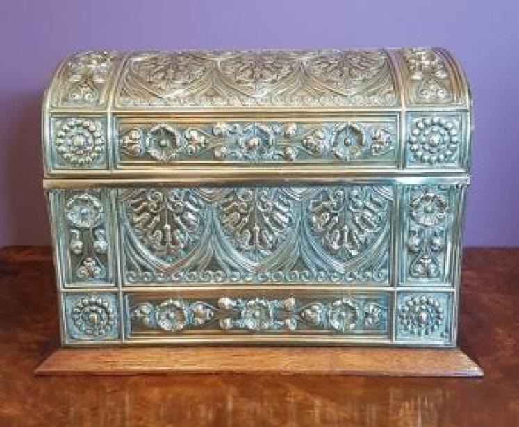 Antique Oak & Brass Desktop Stationery Box - Image 1