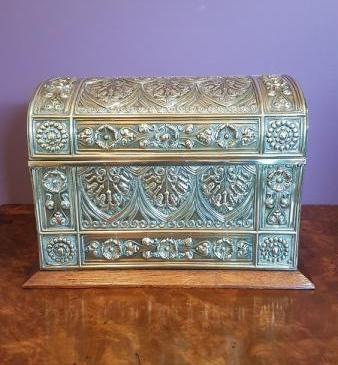 Antique Oak & Brass Desktop Stationery Box