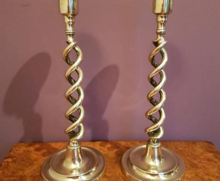 Pair of Victorian Brass Barley Twist Candlesticks - Image 1