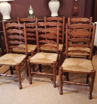 Set of Six Ash and Elm Rush Seat Ladder Back Chairs