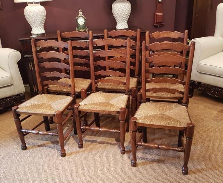 Set of Six Ash and Elm Rush Seat Ladder Back Chairs - Image 1