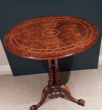 Superb Mid Victorian Burr Inlaid Walnut Lamp Table