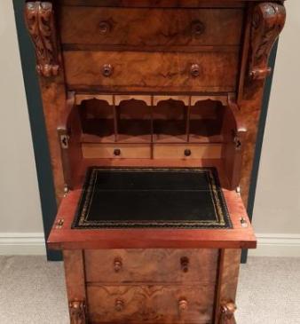 Early Victorian Burr Walnut Secretaire Wellington Chest
