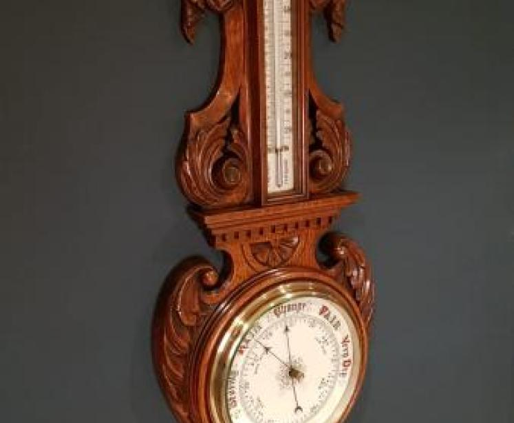 Impressive Antique Victorian Carved Oak Banjo Barometer - Image 1