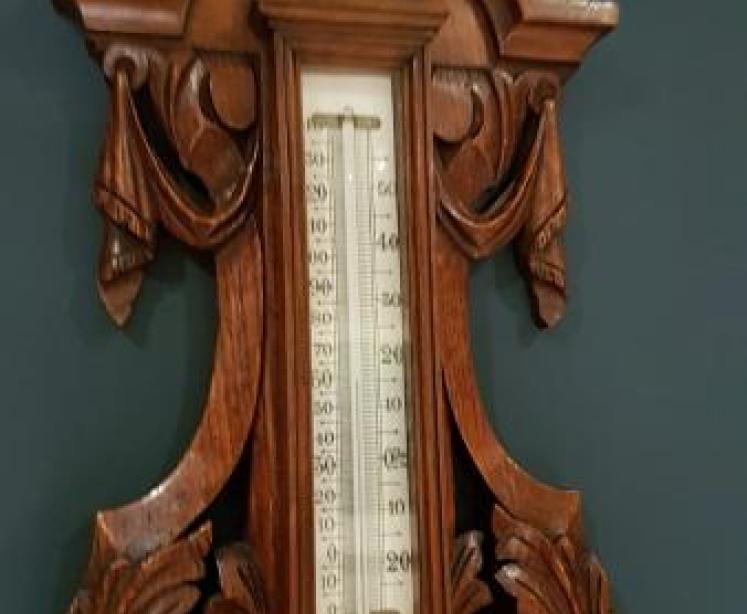 Impressive Antique Victorian Carved Oak Banjo Barometer - Image 5