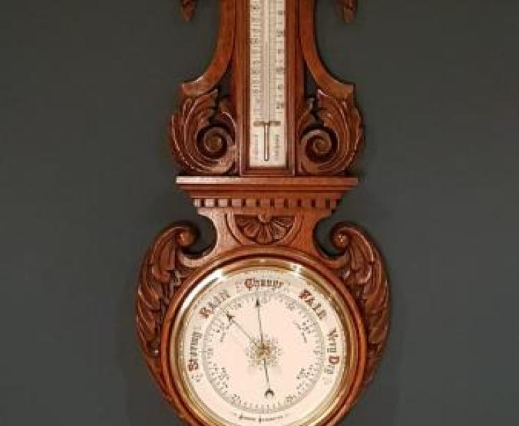 Impressive Antique Victorian Carved Oak Banjo Barometer - Image 6