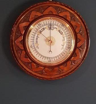 Victorian Carved Walnut Aneroid Barometer with  Silvered Dial