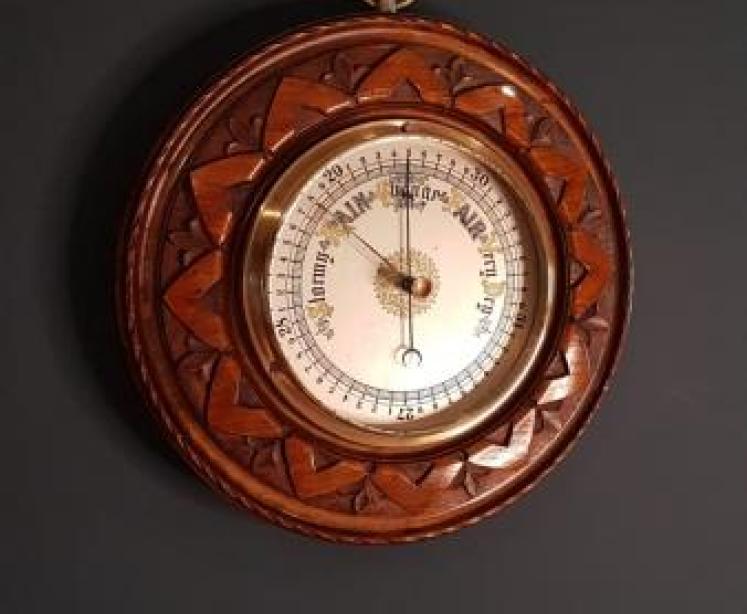 Victorian Carved Walnut Aneroid Barometer with  Silvered Dial - Image 5