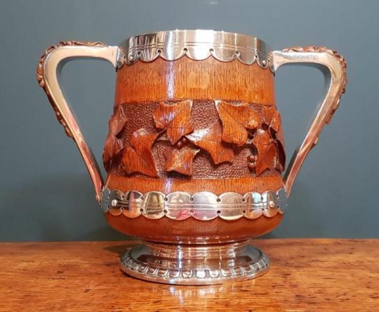 Large Antique Carved Oak and Silver Plate Loving Cup - Image 1