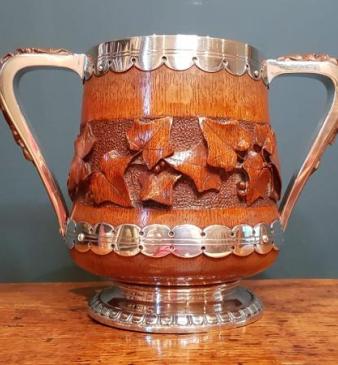 Large Antique Carved Oak and Silver Plate Loving Cup