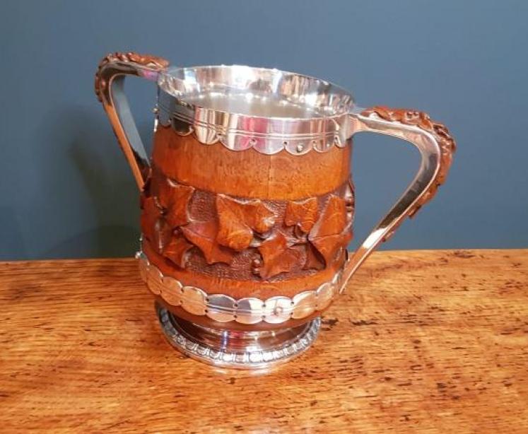 Large Antique Carved Oak and Silver Plate Loving Cup - Image 7