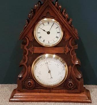 Victorian Carved Oak Desktop Clock and Barometer