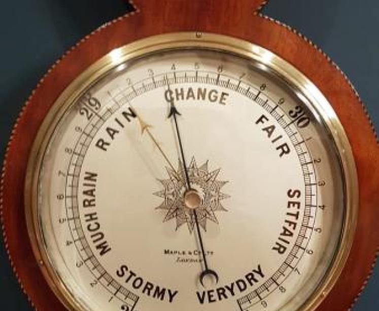 Antique Sheraton Inlaid Banjo Barometer by Maple & Co London - Image 4