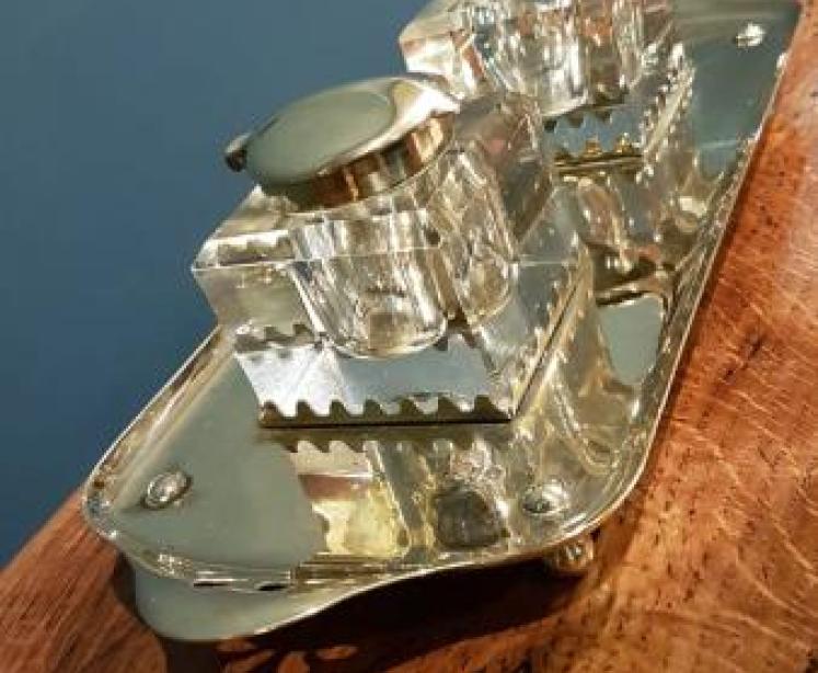 Large Art Nouveau Brass and Cut Crystal Ink Stand - Image 3