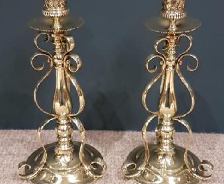 Unusual Pair of Antique Decorative Brass Candlestick - Image 1