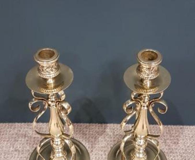 Unusual Pair of Antique Decorative Brass Candlestick - Image 2