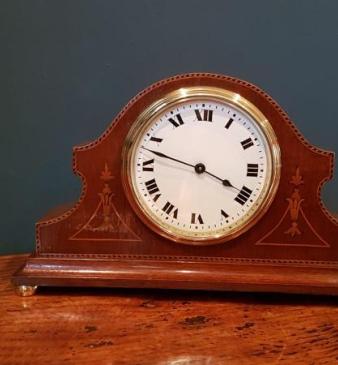 Fine Quality Edwardian Inlaid Mahogany Napoleon Hat Mantel Clock