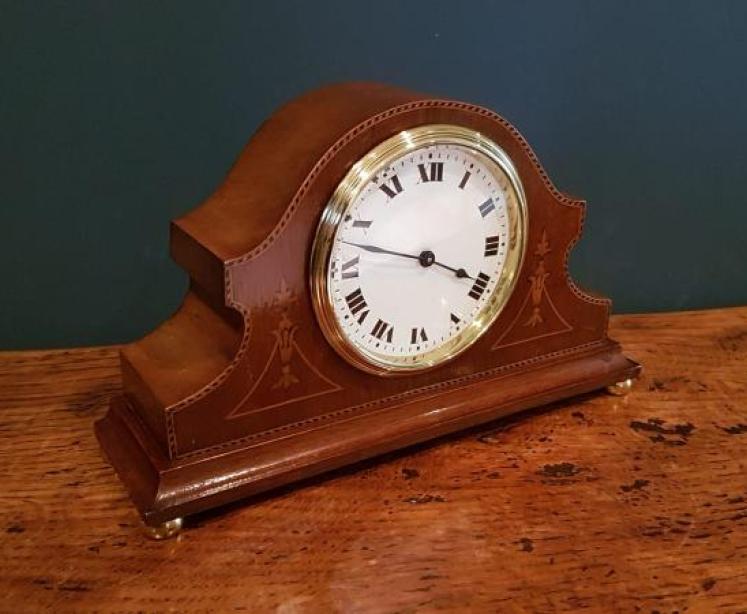 Fine Quality Edwardian Inlaid Mahogany Napoleon Hat Mantel Clock - Image 5