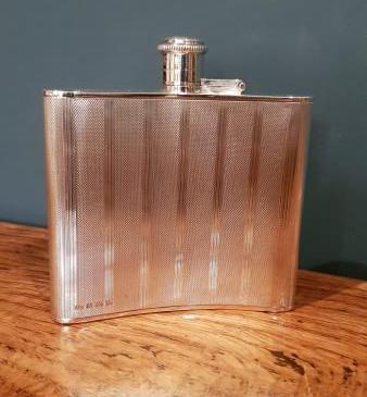 Antique Solid Silver Engine Turned Hip Flask