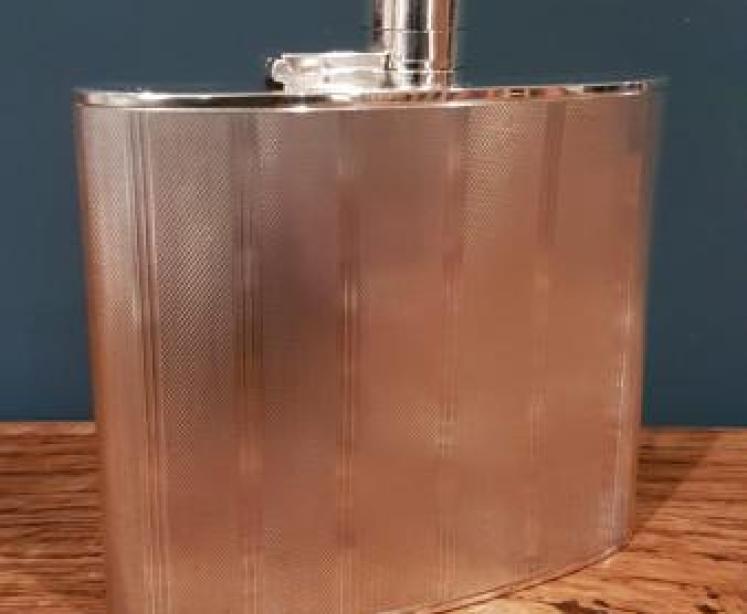 Antique Solid Silver Engine Turned Hip Flask - Image 2