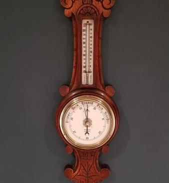 Small Victorian Carved Oak Banjo Barometer