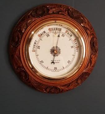 Fine Antique Carved Walnut Barometer Maple & Co