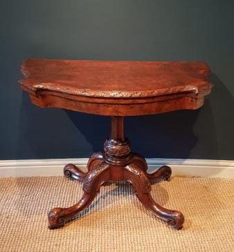 Mid Victorian Burr Walnut Fold Over Card Table
