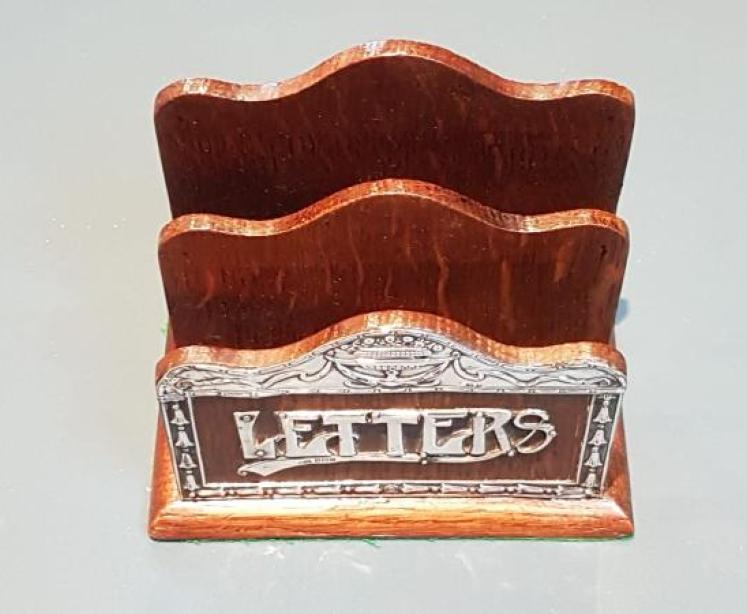 Antique Oak & Silver Mounted Letter Rack - Image 6