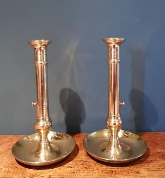 Superb Pair of George III Brass Candlesticks with Dished Bases