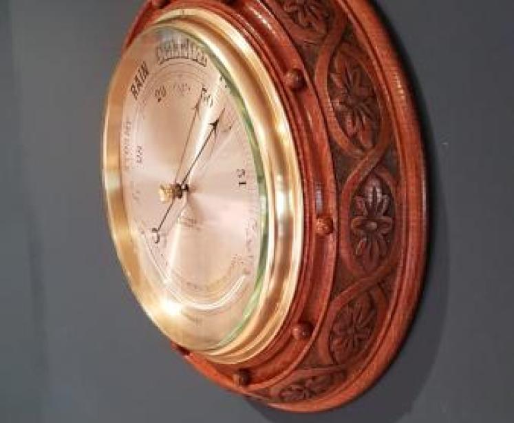 Antique Silvered Dial & Crescent Thermometer Barometer - Image 5