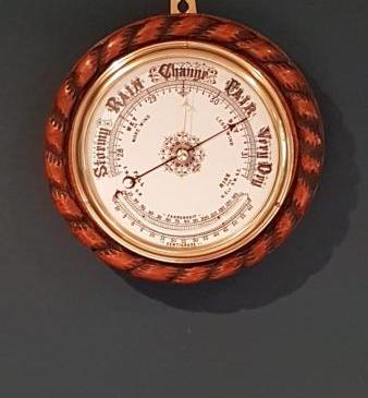 Antique Oak Ships Barometer with Crescent Thermometer