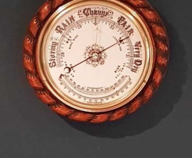 Antique Oak Ships Barometer with Crescent Thermometer - Image 1