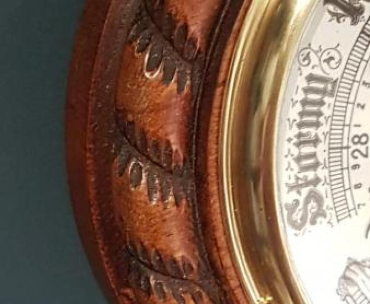 Antique Oak Ships Barometer with Crescent Thermometer - Image 5