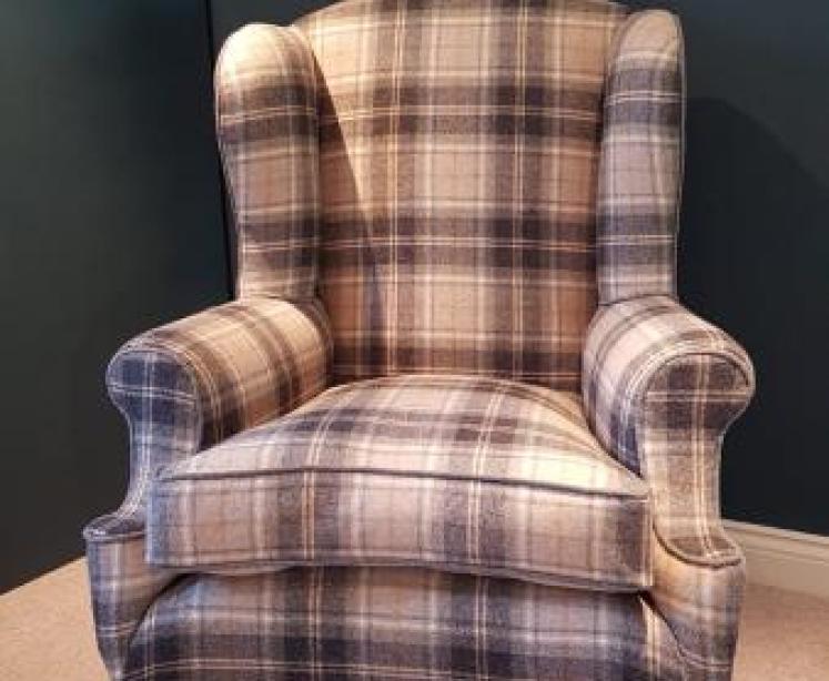 Antique Wing Back Arm Chair in Abraham Moon Fabric - Image 1